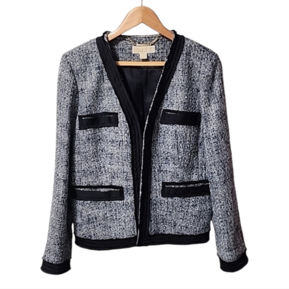 MICHAEL KORS Tweed Blazer 10 M Cropped Black Blue Boucle Jacket Blazer - Picture 3 of 16